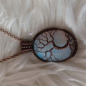 Oxidized Wire Wrapped Tree of Life Opalite Pendant and Chain